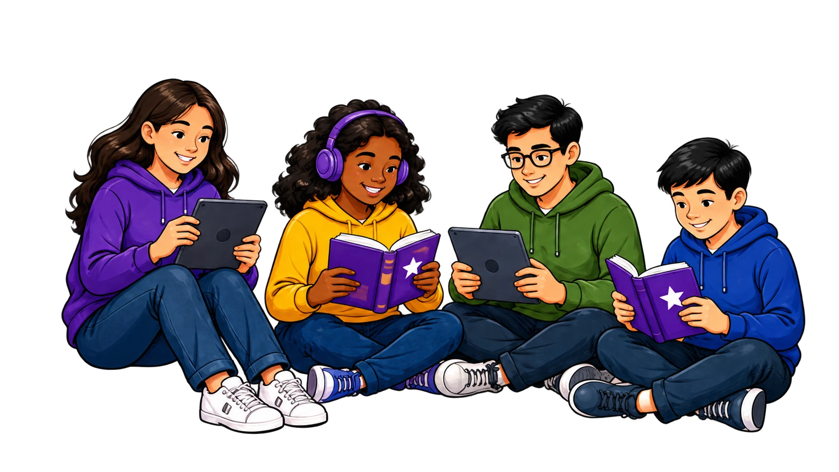 Two readers sharing an open book